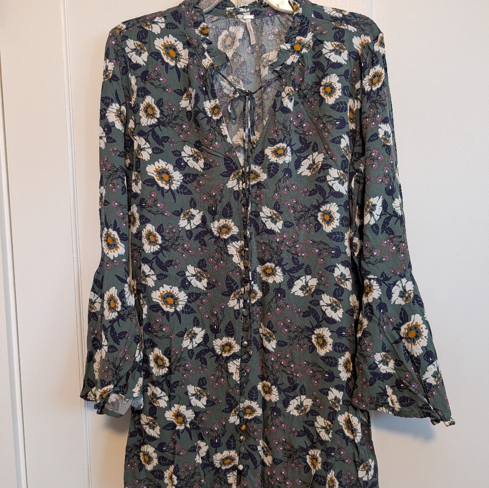 Free People Green Floral Ruffle Blouse